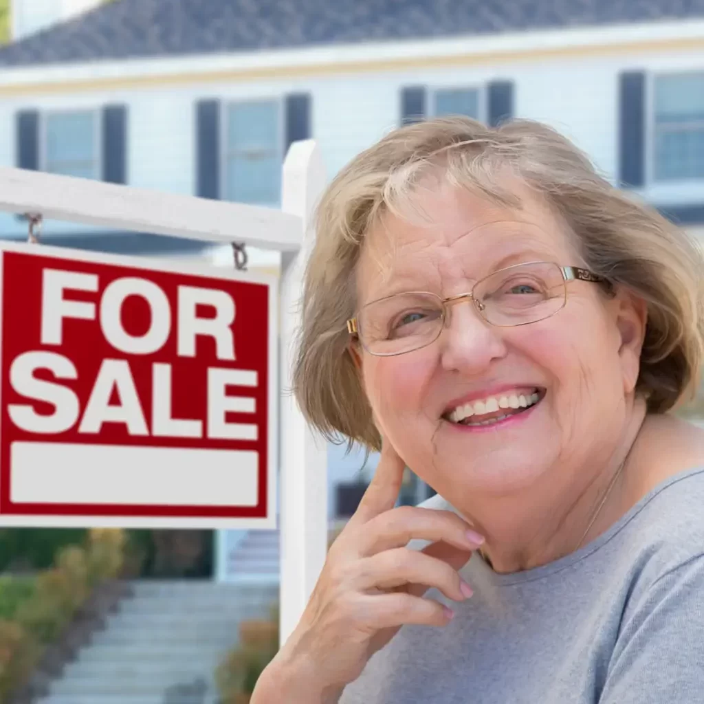 Senior Adult Woman in Front of Home For Sale Real Estate Sign and Beautiful House. Smiling senior woman standing in front of her home with a For Sale sign, representing a For Sale By Owner listing